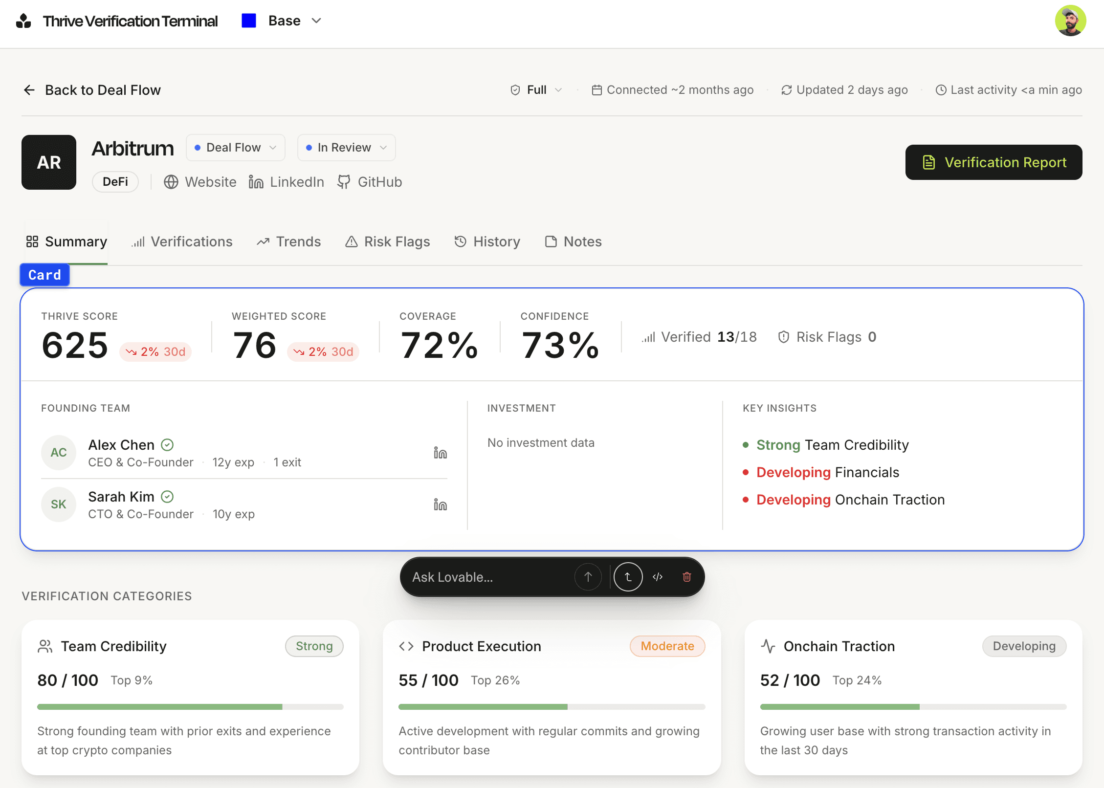 The Verification Terminal: a project summary in deal flow with score, coverage and confidence