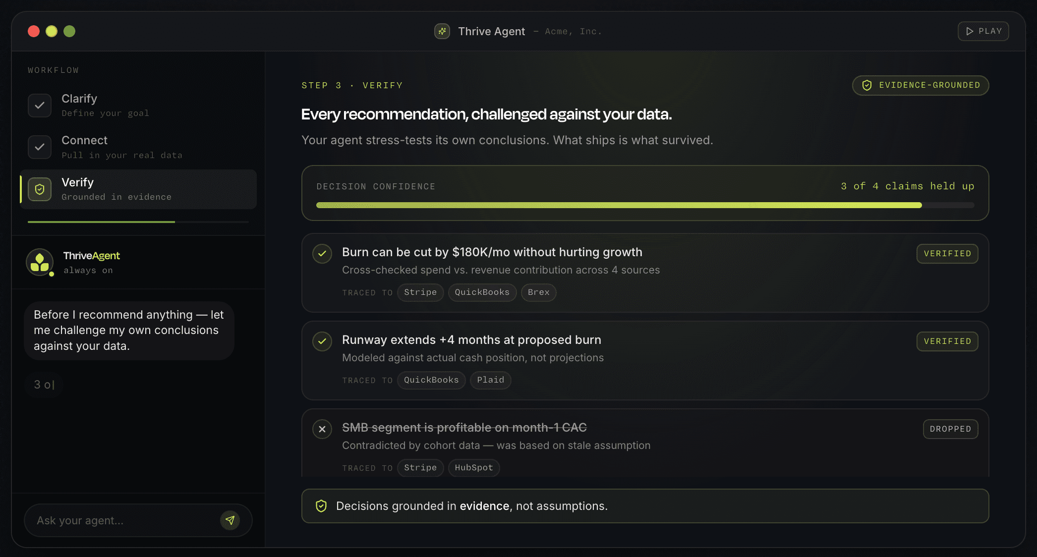 Agent step three: recommendations challenged against the data