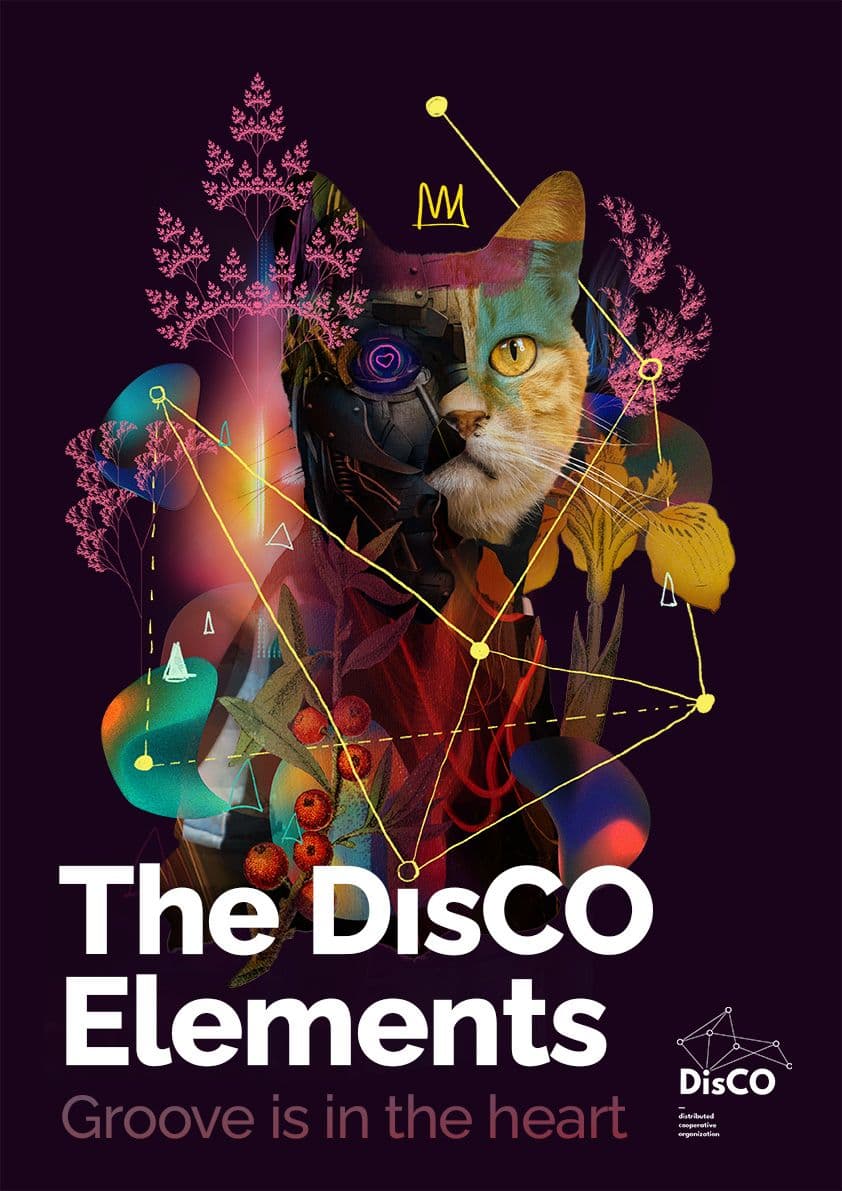 Cover design for Disco.coop's second part of the trilogy, featuring the DisCO "CAT" (Community Algorithmic Trust).